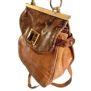 Badgley Mischka Brown Leather Snake Skin Jewel Turn-lock Crossbody Handbag